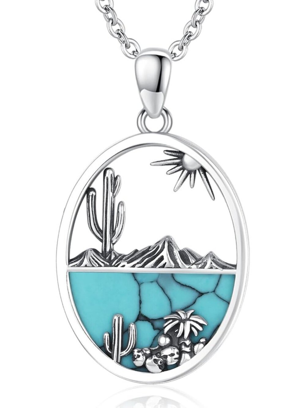 Women's Cactus B Sterling Turquoise Pendant Highland Cow Skull Western Necklace